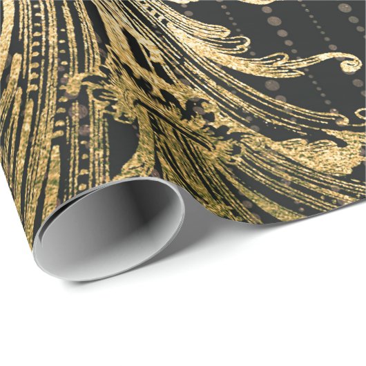 Royal Damask Sepia Faux Gold Floral Black Druppels Cadeaupapier (Rol Hoek)