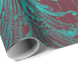 Royal Damask Turquoise Blue Floral Drups Burgundy Cadeaupapier