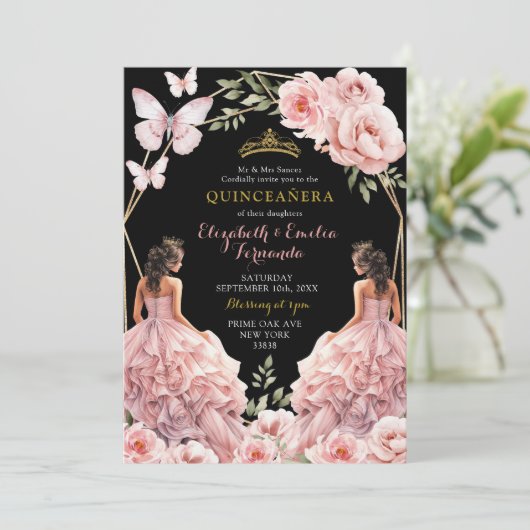 Royal Dark Blush Pink Twins Geometrische Quinceañe Kaart (Staand voorkant)
