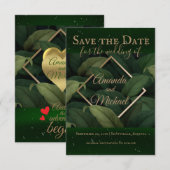 Royal Dark Green Leaves Gold Lijst Wedding Save The Date (Voorkant / Achterkant)