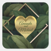 Royal Dark Green Leaves Gold Lijst Wedding Vierkante Sticker (Voorkant)