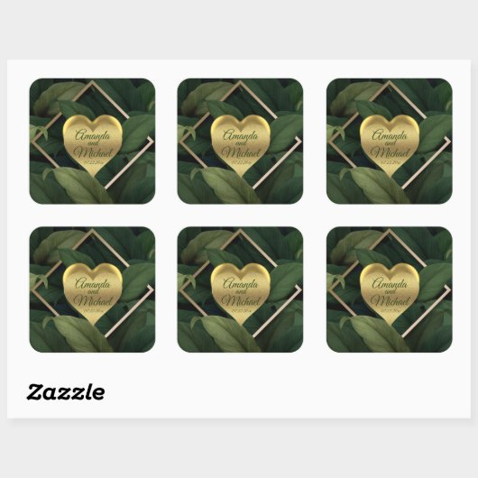 Royal Dark Green Leaves Gold Lijst Wedding Vierkante Sticker (Vel)