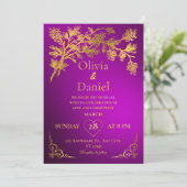 Royal Dark Paarse & Gouden Bloemen Huwelijksuitnod Kaart (Staand voorkant)