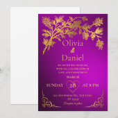 Royal Dark Paarse & Gouden Bloemen Huwelijksuitnod Kaart (Voorkant / Achterkant)