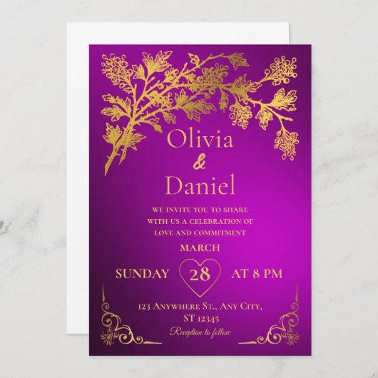 Royal Dark Paarse & Gouden Bloemen Huwelijksuitnod Kaart (Voorkant / Achterkant)