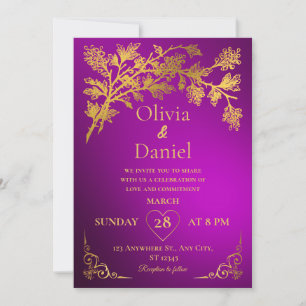 Royal Dark Paarse & Gouden Bloemen Huwelijksuitnod Kaart