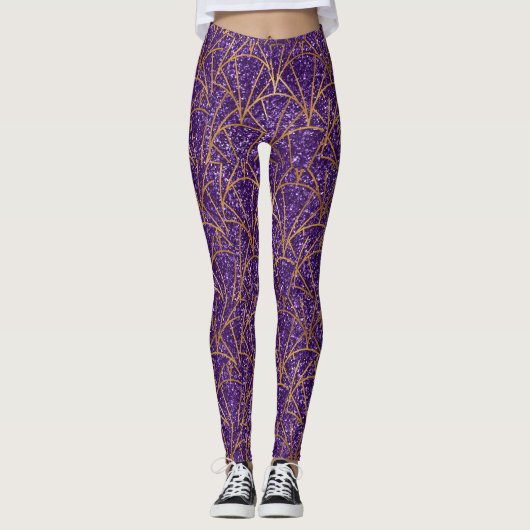 Royal Deco Paars Glitter Gold Geometic Pattern Leggings (Voorkant)