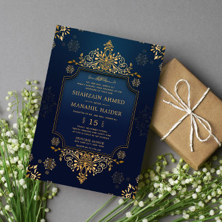 Royal donkerblauw Goud Bloemen Elegante Moslim bru Kaart