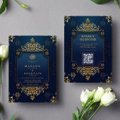 Royal donkerblauw Goud Bloemen QR Code Moslim Trou Kaart