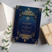 Royal donkerblauw Goud Bloemen QR Code Moslim Trou Kaart