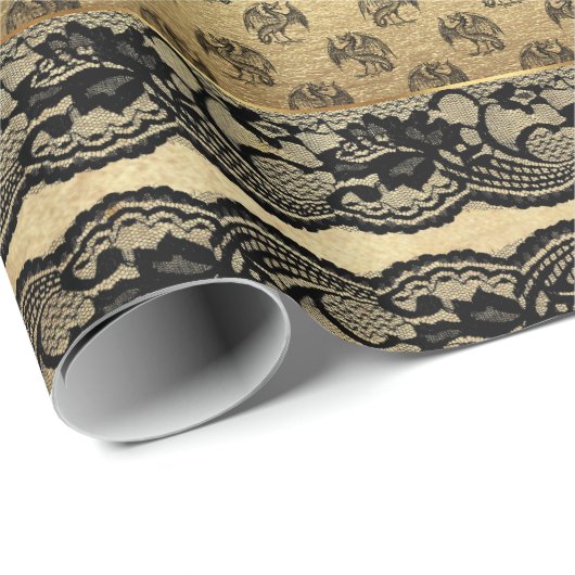 Royal Dragon Golden Black Lace Heraldic Vip Cadeaupapier (Rol Hoek)