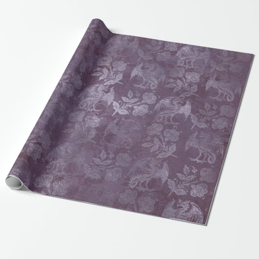 Royal Dragon Violet Script Paarse Floral Grunge Cadeaupapier (Uitgerold)