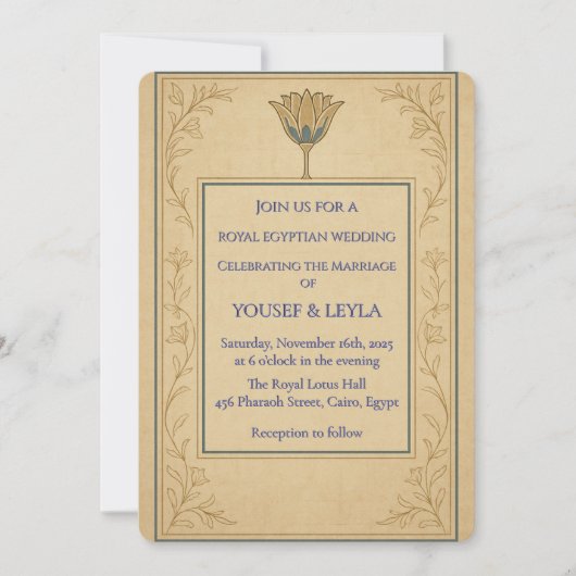 Royal Egyptian Wedding Invitation Lotus Gold Kaart (Voorkant)