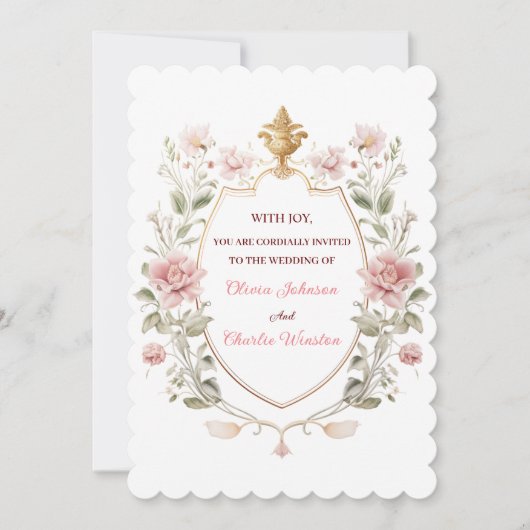 Royal Elegance Wedding Pink Florals Golden Crest Kaart (Voorkant)
