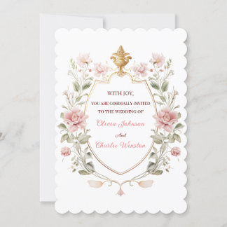 Royal Elegance Wedding Pink Florals Golden Crest Kaart