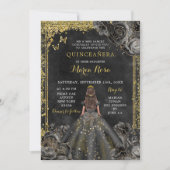 Royal Elegant Goud en Zwart Roos Quinceañera Kaart (Voorkant)