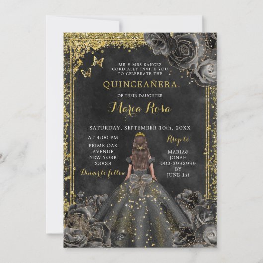 Royal Elegant Goud en Zwart Roos Quinceañera Kaart (Voorkant)
