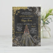 Royal Elegant Goud en Zwart Roos Quinceañera Kaart (Staand voorkant)