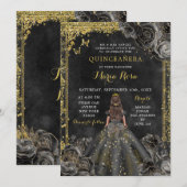 Royal Elegant Goud en Zwart Roos Quinceañera Kaart (Voorkant / Achterkant)