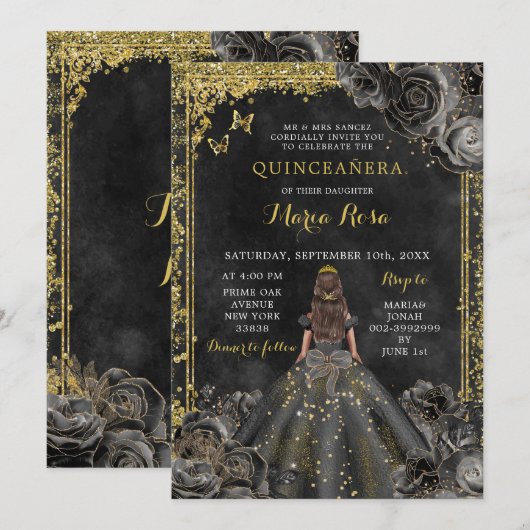 Royal Elegant Goud en Zwart Roos Quinceañera Kaart (Voorkant / Achterkant)