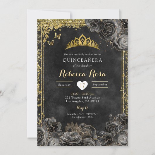 Royal Elegant Goud en Zwart Roos Quinceañera Kaart (Voorkant)
