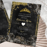 Royal Elegant Goud en Zwart Roos Quinceañera Kaart<br><div class="desc">Royal Elegant Goud en Zwart Roos Quinceañera Invitation</div>