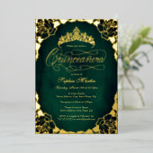 Royal Emerald Gold Elegant Script Quinceanera Folie Uitnodiging (Staand Voorkant)