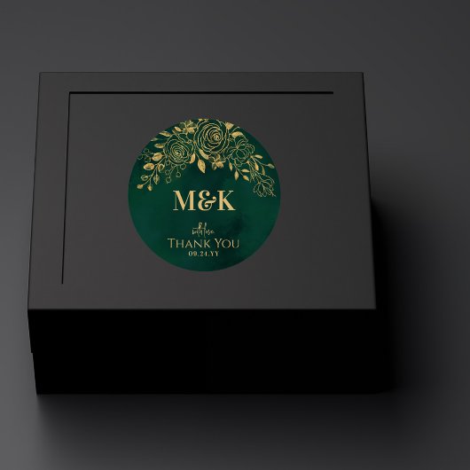 Royal Emerald Green Gold Floral Monogram Bedankt Ronde Sticker