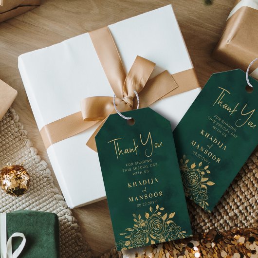 Royal Emerald Green Gold Floral Wedding Bedankt Cadeaulabel