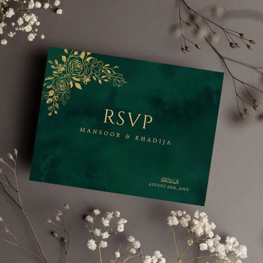 Royal Emerald Green Gold Floral Wedding RSVP Briefkaart