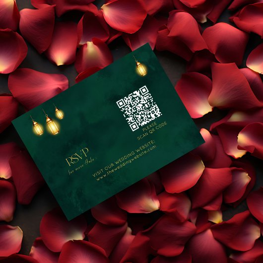 Royal Emerald Green Golden Lights QR Wedding RSVP Informatiekaartje