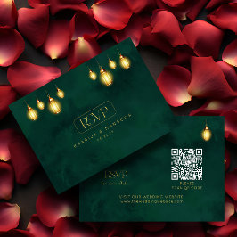 Royal Emerald Green Golden Lights QR Wedding RSVP Informatiekaartje