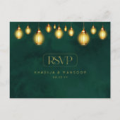 Royal Emerald Green Golden Lights Wedding RSVP Briefkaart (Voorkant)