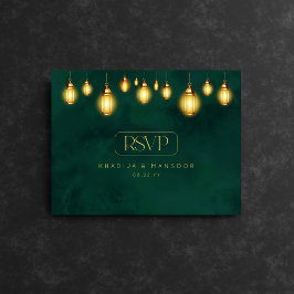 Royal Emerald Green Golden Lights Wedding RSVP Briefkaart