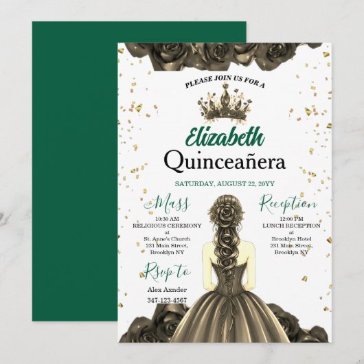 Royal Emerald Green Rose Quinceañera Invite Kaart (Voorkant / Achterkant)