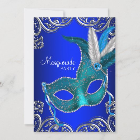 Royal en Blauwgroen Blue Masquerade Party Kaart (Voorkant)