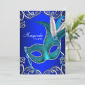 Royal en Blauwgroen Blue Masquerade Party Kaart (Staand voorkant)