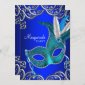 Royal en Blauwgroen Blue Masquerade Party Kaart (Voorkant / Achterkant)