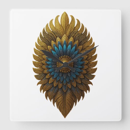 Royal Feather | Black & Gold Egyptian Wall Clock Vierkante Klok (Voorkant)