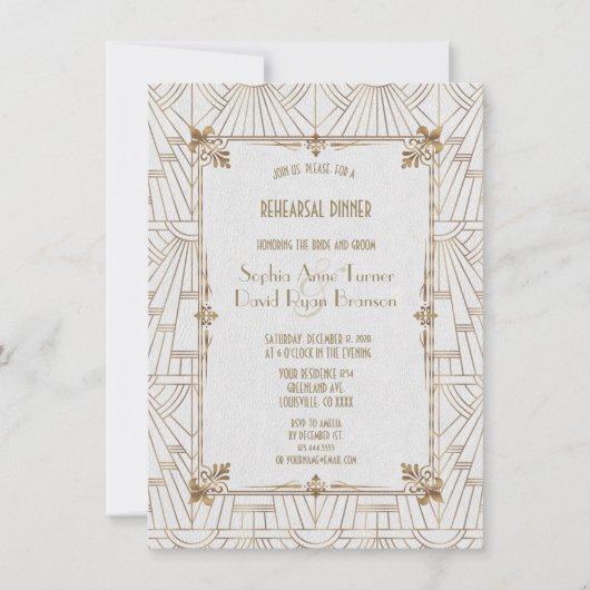 Royal Fleur-de-Lis Art Deco Gold Rehearsal Dinner Kaart (Voorkant)