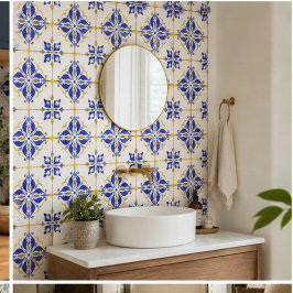 Royal Fleur Elegant Blue and Gold Botanical Mosaic Tegeltje