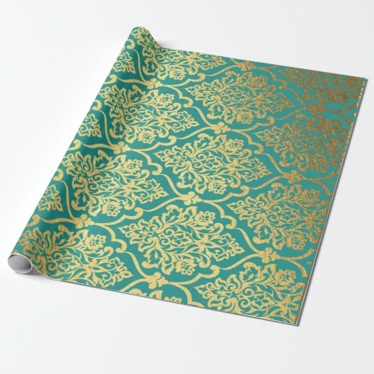Royal  Floral Golden Ornament Blue Mint Cadeaupapier (Uitgerold)