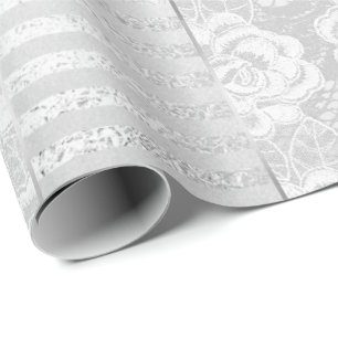Royal Floral Rozen Silver White Lace Stripes Cadeaupapier
