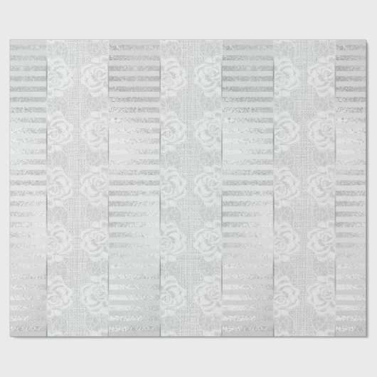 Royal Floral Rozen Silver White Lace Stripes Linen Cadeaupapier (Vlak)