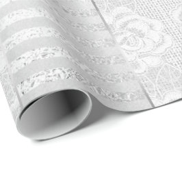 Royal Floral Rozen Silver White Lace Stripes Linen Cadeaupapier
