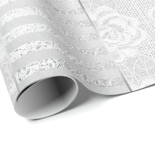 Royal Floral Rozen Silver White Lace Stripes Linen Cadeaupapier (Rol Hoek)