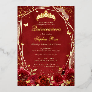 Royal Flower Gold Red Tiara Quinceanera Folie Uitnodiging