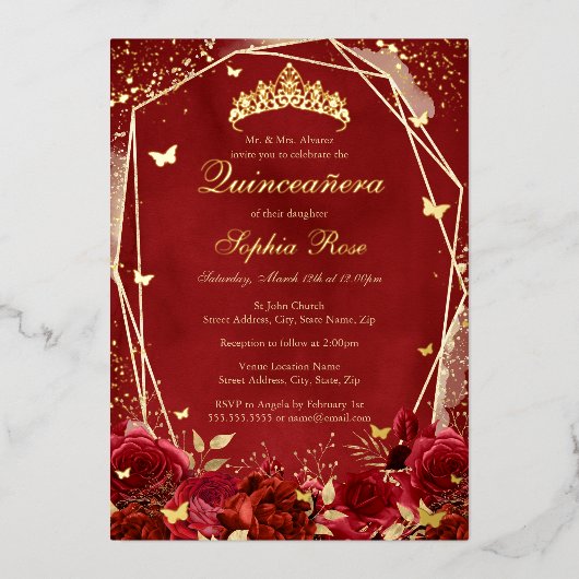 Royal Flower Gold Red Tiara Quinceanera Folie Uitnodiging (Voorkant)