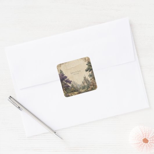 Royal Forest Castle betoverde bruiloft Vierkante Sticker (Envelop)