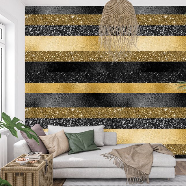 Royal French Sparkle zwarte en gouden strepen Behang (Royal French Sparkle black and golden stripes Wallpaper)